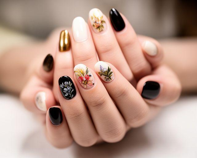 Elegant gel nails with hand-painted floral art on a relaxed client's hands at a Yuexiu District nail salon in Guangzhou